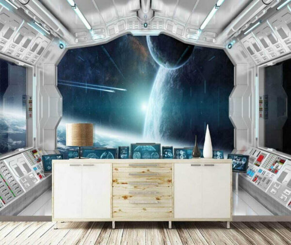 Room with screens and a view of earth from the window
