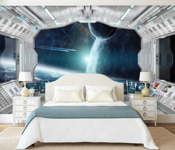 Room with screens and a view of earth from the window