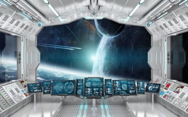 Room with screens and a view of earth from the window
