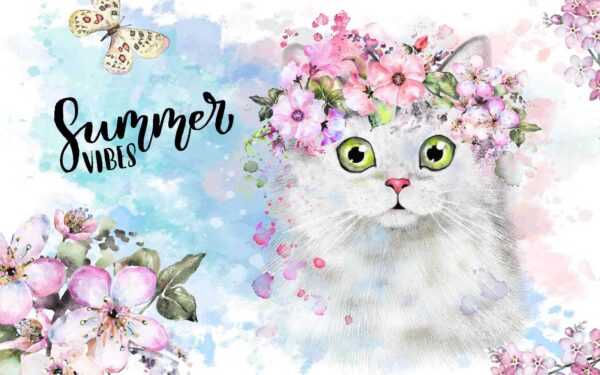 Katze mit Blumen auf dem Kopf Katze mit Blumen auf dem Kopf