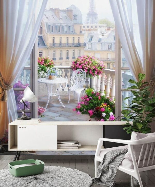 Blick auf einen Balkon mit Blick auf den Eiffelturm aus dem Fenster Blick auf einen Balkon mit Blick auf den Eiffelturm aus dem Fenster
