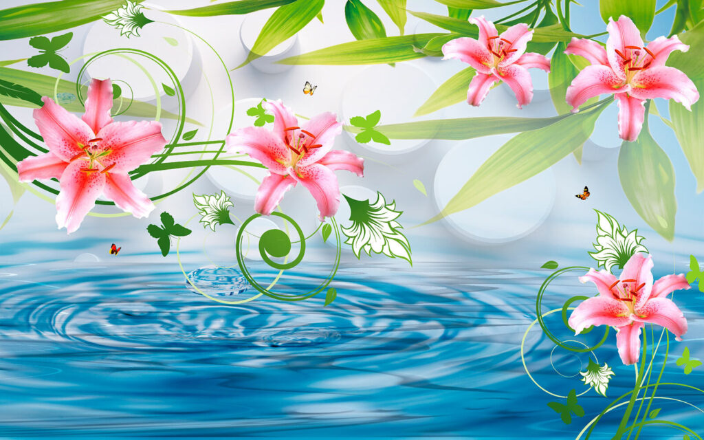 Rosa Blüten und grüne Blätter über Wasser Rosa Blüten und grüne Blätter über Wasser