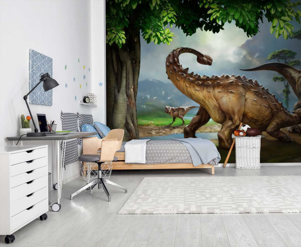 Painting of dinosaurs near a river