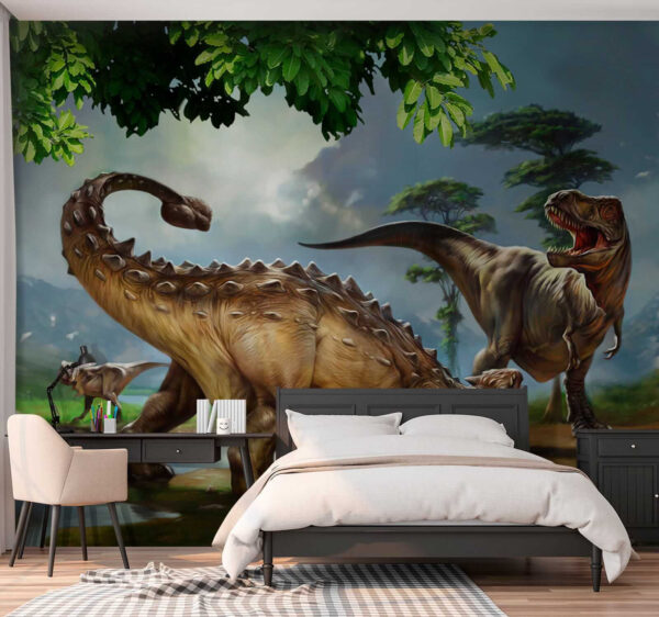 Gemälde von Dinosauriern in der Nähe eines Flusses Gemälde von Dinosauriern in der Nähe eines Flusses