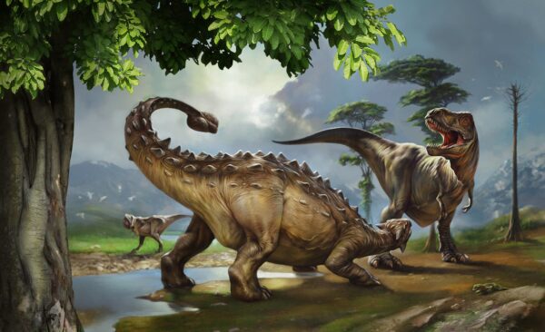 Gemälde von Dinosauriern in der Nähe eines Flusses Gemälde von Dinosauriern in der Nähe eines Flusses