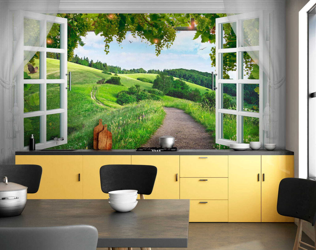 Window with open doors and a path through a grassy field Window with open doors and a path through a grassy field