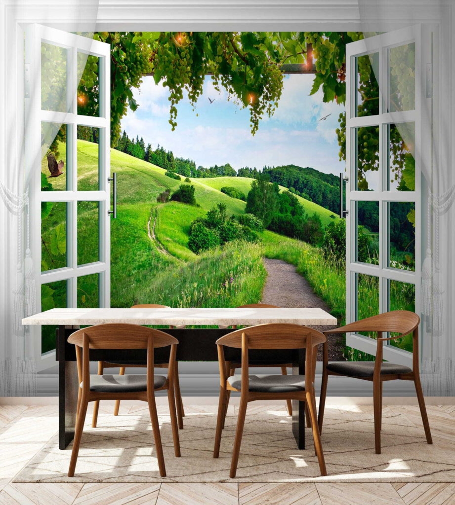 Window with open doors and a path through a grassy field Window with open doors and a path through a grassy field