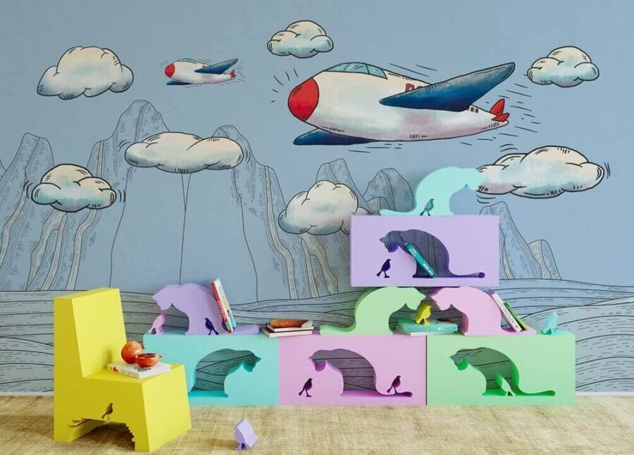 Cartoon von Flugzeugen, die über Berge fliegen