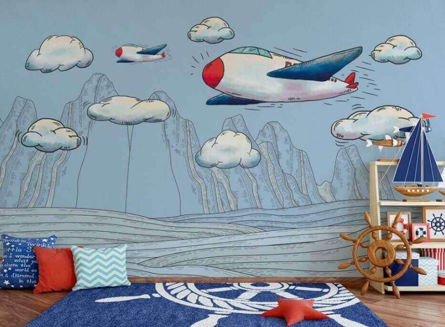 Cartoon von Flugzeugen, die über Berge fliegen