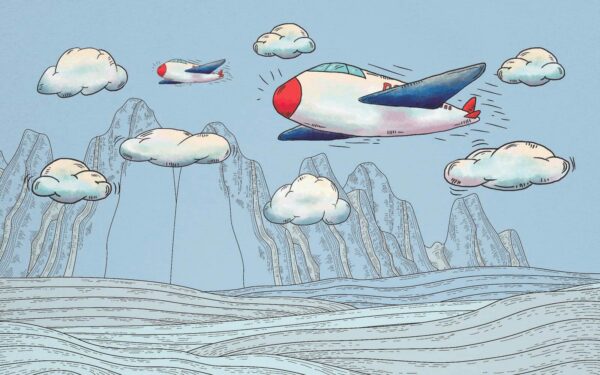 Cartoon von Flugzeugen, die über Berge fliegen Cartoon von Flugzeugen, die über Berge fliegen