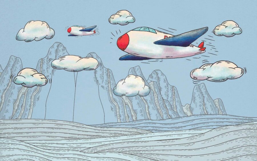 Cartoon von Flugzeugen, die über Berge fliegen