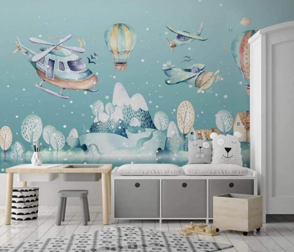 Aquarellillustration eines Hubschraubers und Heißluftballons Aquarellillustration eines Hubschraubers und Heißluftballons