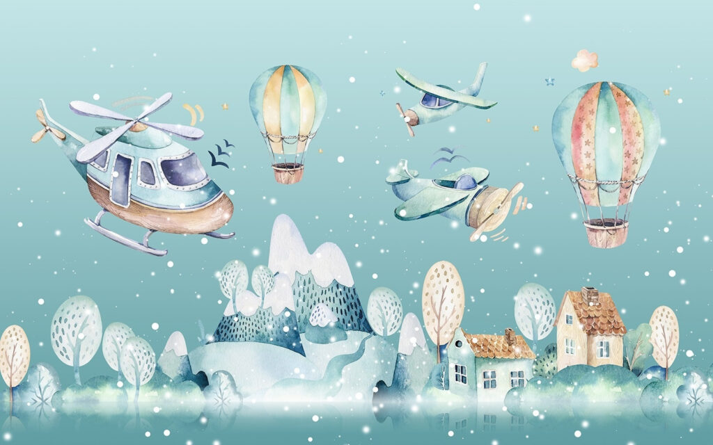 Aquarellillustration eines Hubschraubers und Heißluftballons Aquarellillustration eines Hubschraubers und Heißluftballons