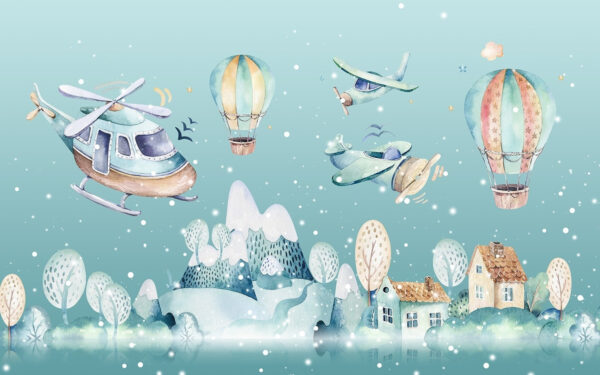 Aquarellillustration eines Hubschraubers und Heißluftballons Aquarellillustration eines Hubschraubers und Heißluftballons