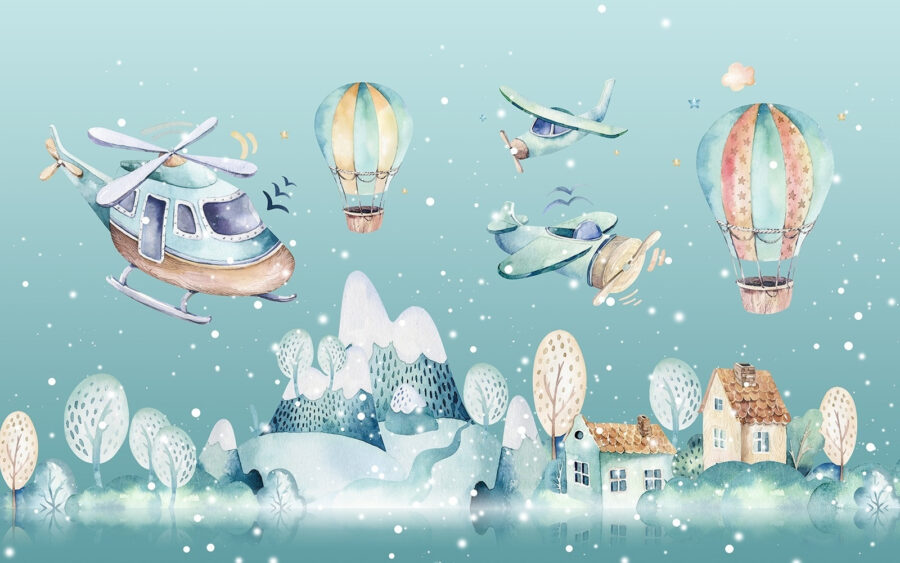Aquarellillustration eines Hubschraubers und Heißluftballons Aquarellillustration eines Hubschraubers und Heißluftballons