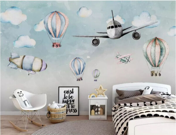 Gruppe von Heißluftballons und Flugzeugen Gruppe von Heißluftballons und Flugzeugen