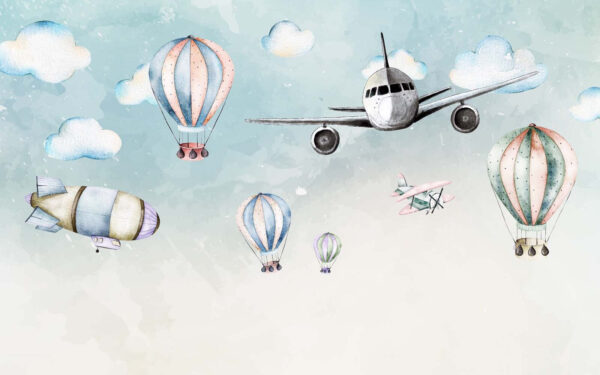 Gruppe von Heißluftballons und Flugzeugen Gruppe von Heißluftballons und Flugzeugen