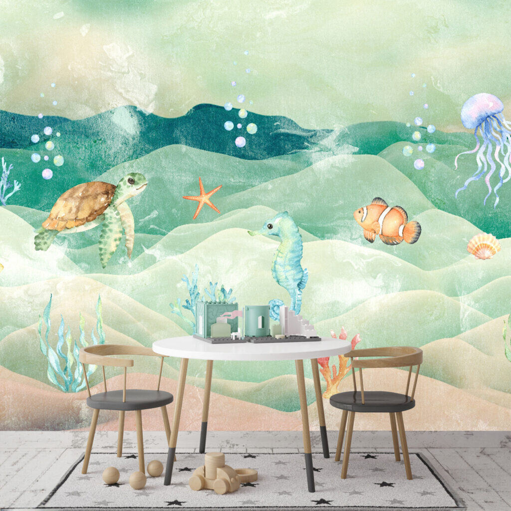 Sea life with seahorses and seaweed