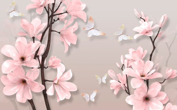 Rosa Blumen und Schmetterlinge auf einem Baum Rosa Blumen und Schmetterlinge auf einem Baum