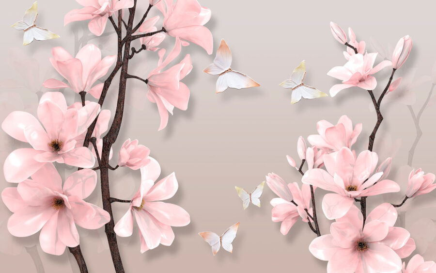 Rosa Blumen und Schmetterlinge auf einem Baum