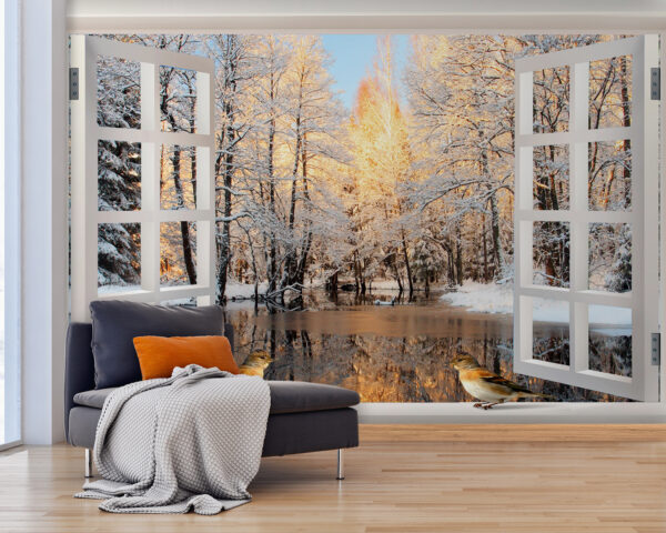 Fenster mit Vögeln, die aus einem See herausschauen Fenster mit Vögeln, die aus einem See herausschauen