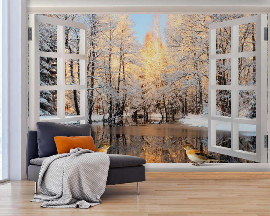 Fenster mit Vögeln, die aus einem See herausschauen