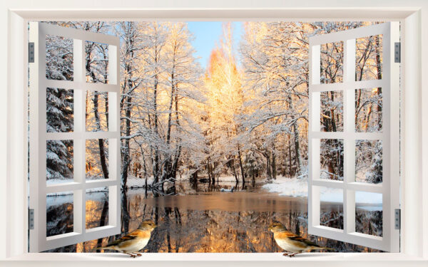 Fenster mit Vögeln, die aus einem See herausschauen Fenster mit Vögeln, die aus einem See herausschauen
