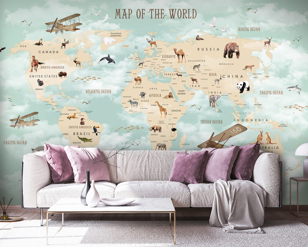 Map of the world with animals Map of the world with animals