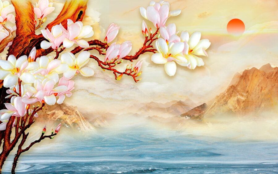Gemälde eines Zweigs mit Blumen und Bergen im Hintergrund