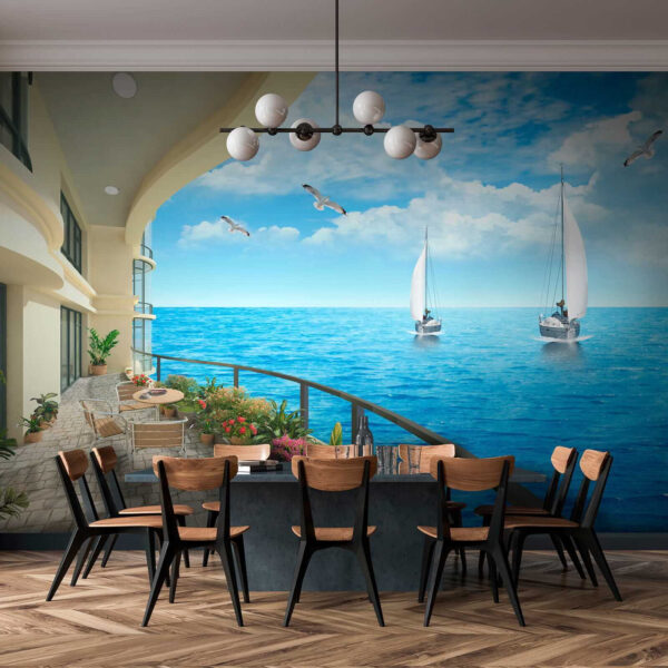 Balkon mit Blick auf das Meer und die Boote Balkon mit Blick auf das Meer und die Boote