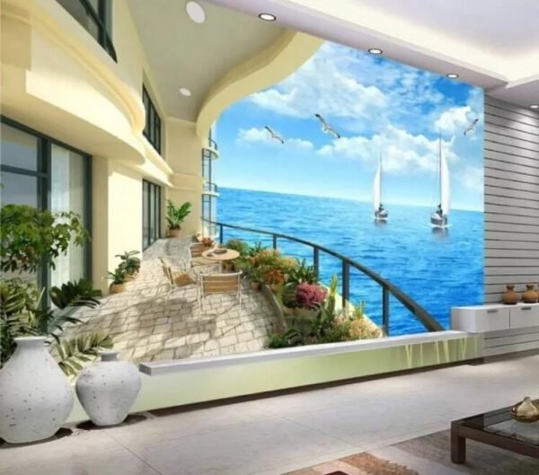 Balkon mit Blick auf das Meer und die Boote Balkon mit Blick auf das Meer und die Boote