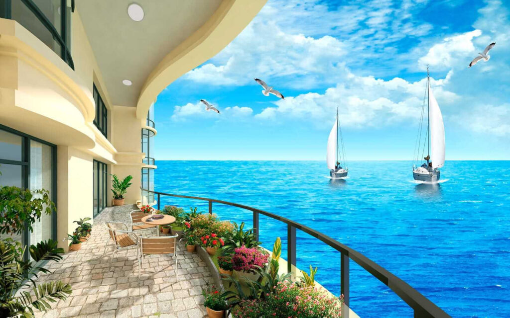 Balkon mit Blick auf das Meer und die Boote Balkon mit Blick auf das Meer und die Boote