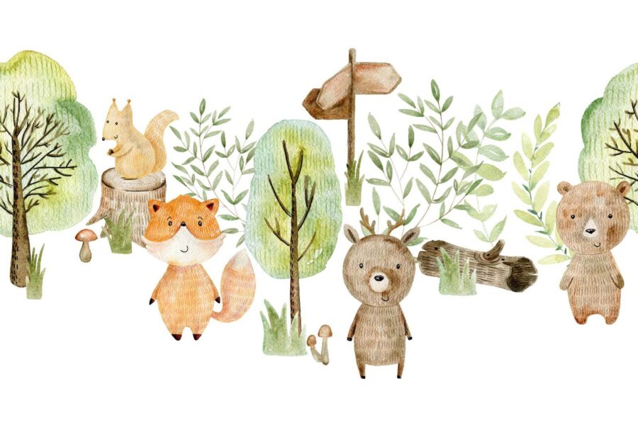 Aquarellierte Illustration von Tieren und Bäumen