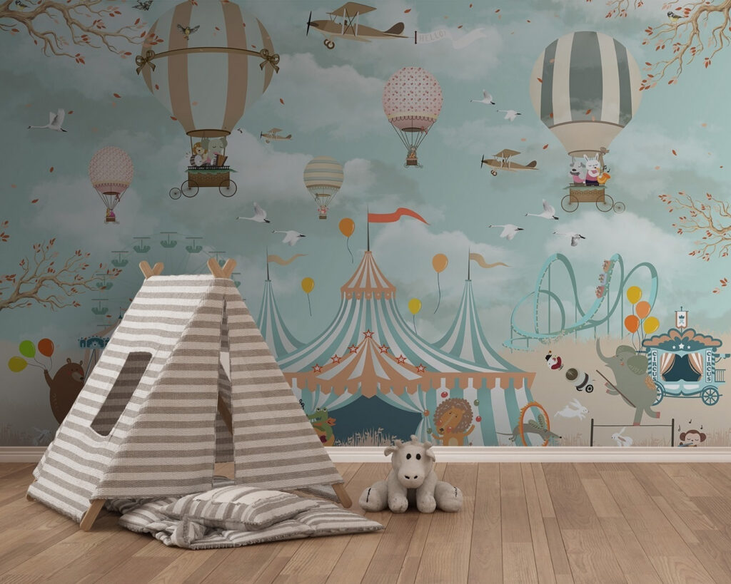 Circus tent with hot air balloons and birds