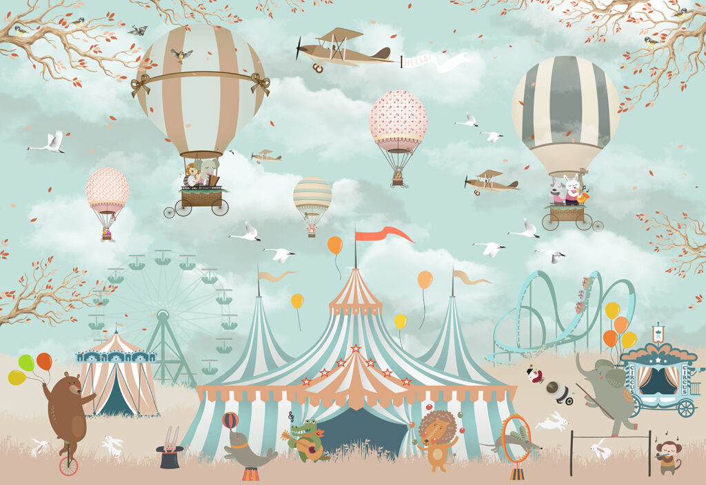 Zirkuszelt mit Heißluftballons und Vögeln Zirkuszelt mit Heißluftballons und Vögeln