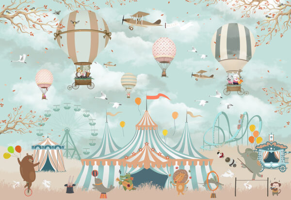 Zirkuszelt mit Heißluftballons und Vögeln Zirkuszelt mit Heißluftballons und Vögeln
