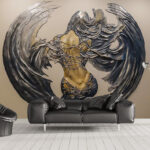 Fototapeten Metallskulptur einer Frau mit Flügeln