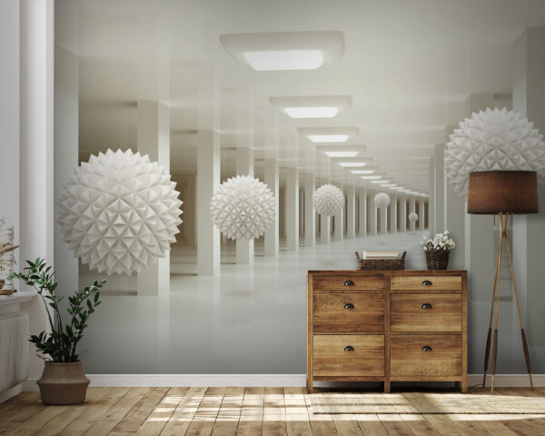 Weißer Raum mit weißen Kugeln an der Decke Weißer Raum mit weißen Kugeln an der Decke