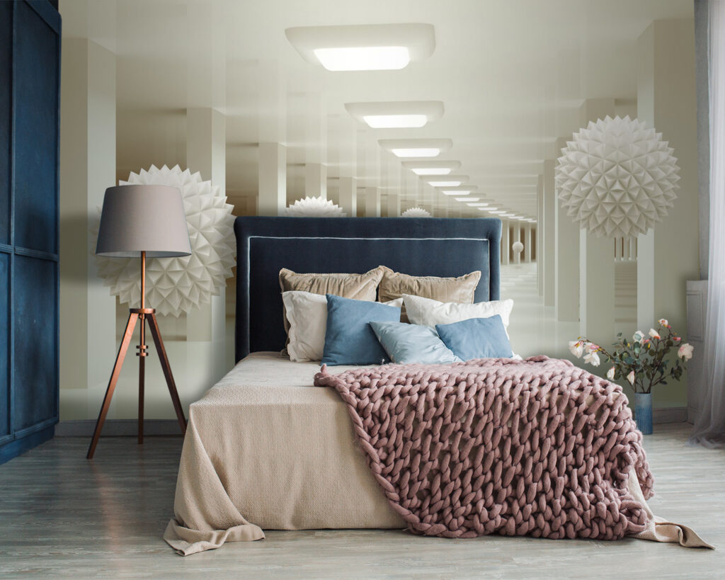 White room with white balls from the ceiling