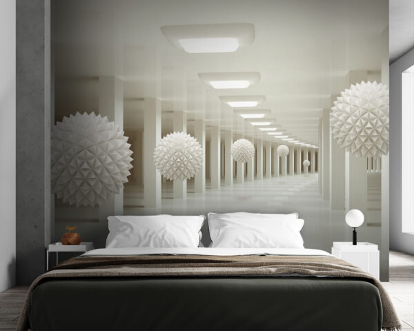 Weißer Raum mit weißen Kugeln an der Decke Weißer Raum mit weißen Kugeln an der Decke