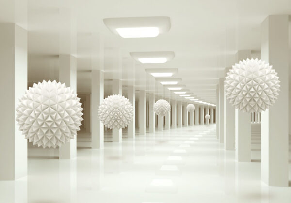 Weißer Raum mit weißen Kugeln an der Decke Weißer Raum mit weißen Kugeln an der Decke