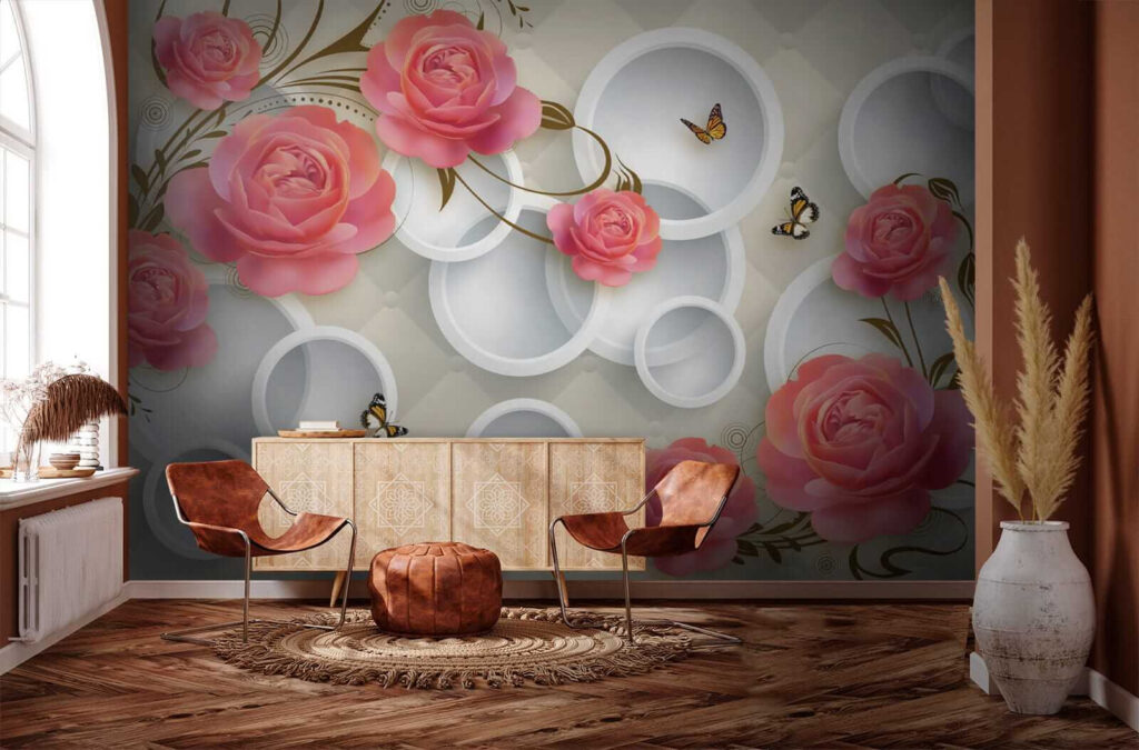 Wallpaper with roses and butterflies