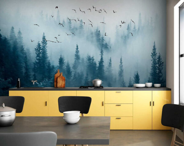 Birds flying over a forest