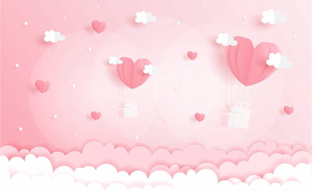 Rosa Papierausschnitt von Heißluftballons und Wolken Rosa Papierausschnitt von Heißluftballons und Wolken