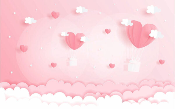 Rosa Papierausschnitt von Heißluftballons und Wolken Rosa Papierausschnitt von Heißluftballons und Wolken