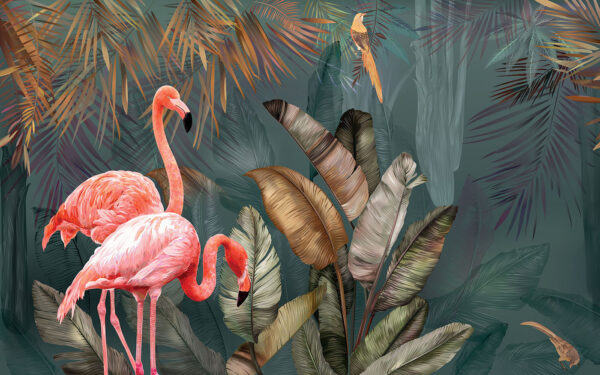 Rosa Flamingos und ein Vogel in einem Wald Rosa Flamingos und ein Vogel in einem Wald