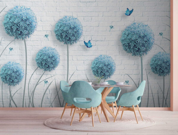 Tapete mit blauen Blumen und Schmetterlingen Tapete mit blauen Blumen und Schmetterlingen