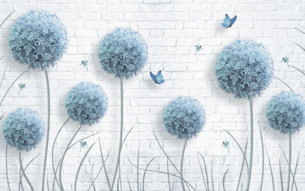 Tapete mit blauen Blumen und Schmetterlingen Tapete mit blauen Blumen und Schmetterlingen