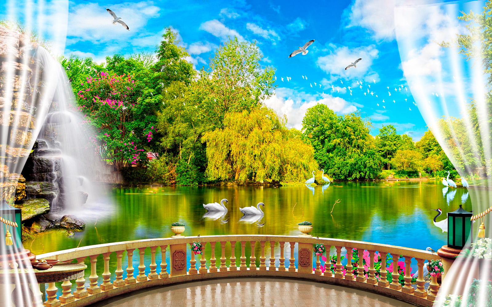 u18753p - Blick auf einen Teich mit Vögeln und Bäumen - tegory