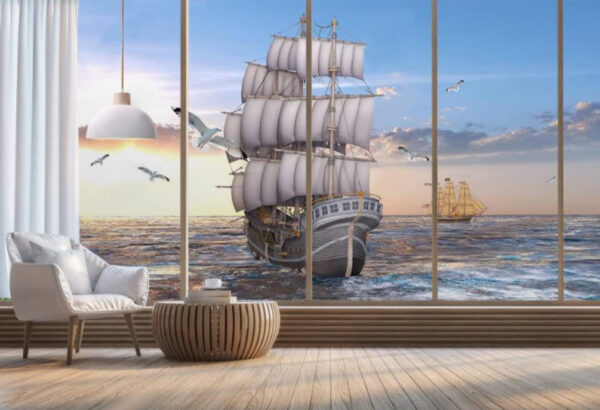 Schiff im Wasser mit fliegenden Vögeln Schiff im Wasser mit fliegenden Vögeln